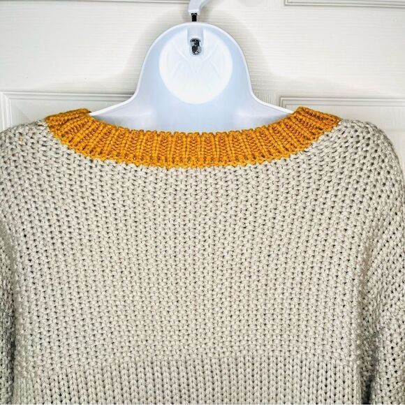 Elodie CrewNeck Colorblock Chunky Knit Sweater Balloon Sleeve Gray Mustard S - Picture 8 of 13